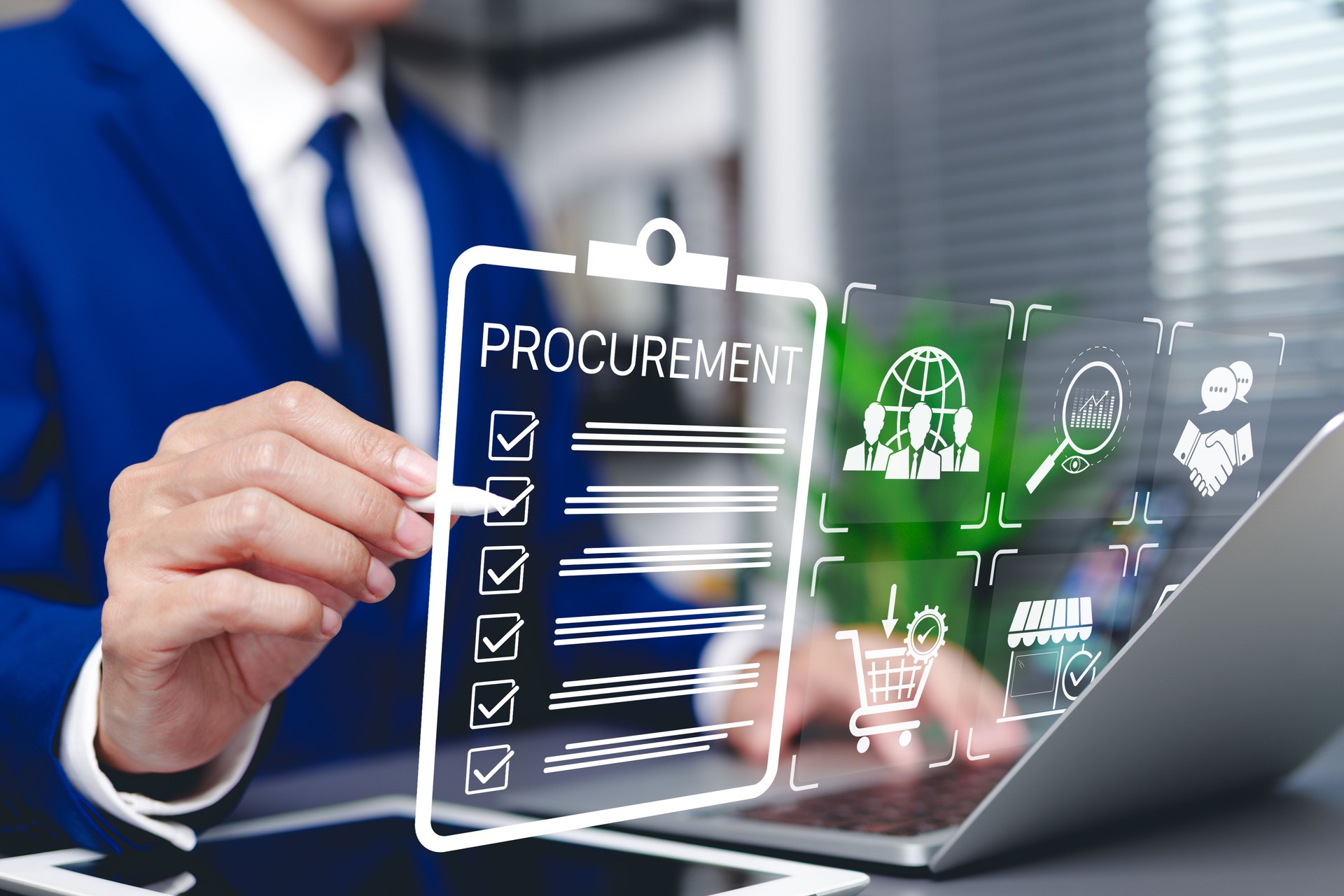 Procurement management and supply chain concept. Businessman interacting with virtual procurement icons, supply chain management, purchasing, vendor selection, retail logistics, business operations,